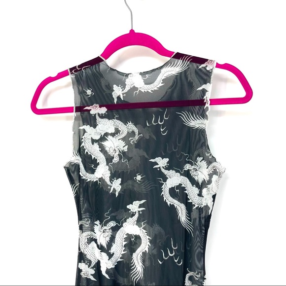 XS Black Chinese Dragon Lettuce Trim Mesh Dress - Picture 6 of 7